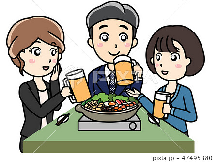 男女3人飲み会宴会ディナーのイラスト素材
