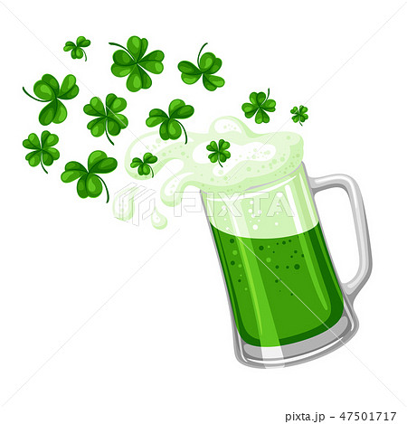 Saint Patricks Day illustration. Ale or beer in mug with clover. 47501717