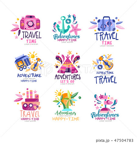 Adventure travel happy time logo design set, summer vacation, holidays, tourist agency creative 47504783