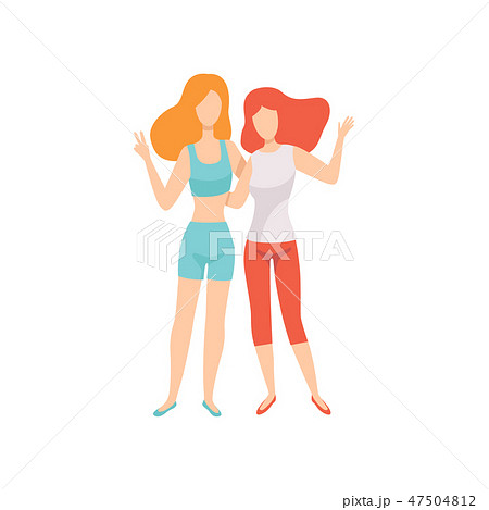 Two Happy Women Friends Posing Together, Female Friendship Vector Illustration 47504812