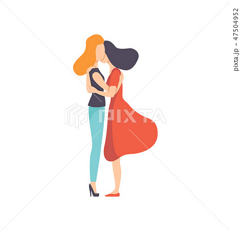 Two Beautiful Women Friends Hugging, Side View, Happy Meeting, Female Friendship Vector Illustration 47504952