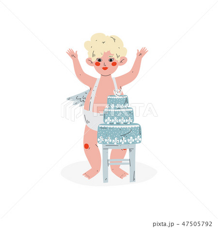 Cute Funny Cupid and Wedding Cake, Amur Baby Angel, Happy Valentine Day Symbol Vector Illustration Cute Funny Cupid and Wedding Cake, Amur Baby Angel, Happy Valentine Day Symbol Vector Illustration 47505792