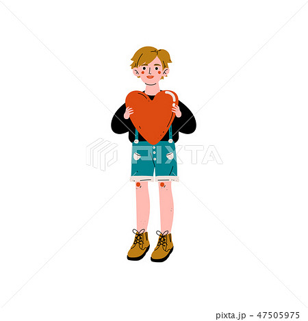 Boy Holding Red Heart, Happy Valentine Day Vector Illustration 47505975