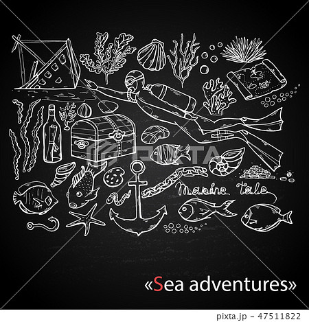 Sea adventures.Vector scuba diver on chalk blackboard. Sea adventures.Vector scuba diver on chalk blackboard. 47511822