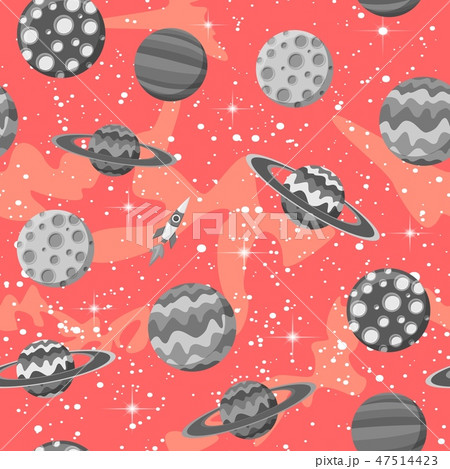 Cartoon flat space with gray planets vector seamless pattern on coral background Cartoon flat space with gray planets vector seamless pattern on coral background 47514423