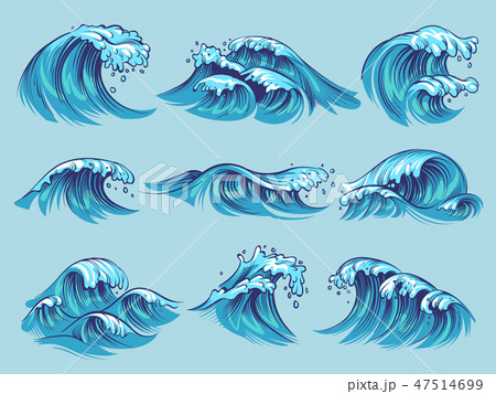 Hand Drawn Ocean Waves Sketch Sea Tidal Blue のイラスト素材