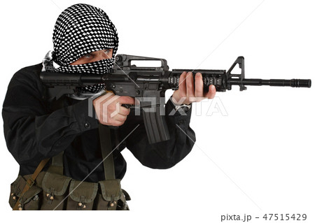 insurgent dressed in black uniform and black and white shemagh with m4 assault rifle insurgent dressed in black uniform and black and white shemagh with m4 assault rifle 47515429