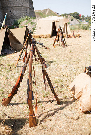 Rifles pyramids, First World War-era reenactment Rifles pyramids, First World War-era reenactment 47516323