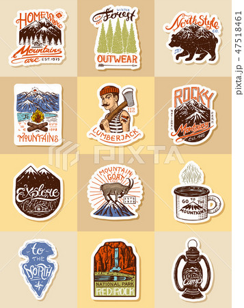 Camping logo and labels. Mountains and lumberjack, brown bear and goat, pine trees. Trip in the 47518461