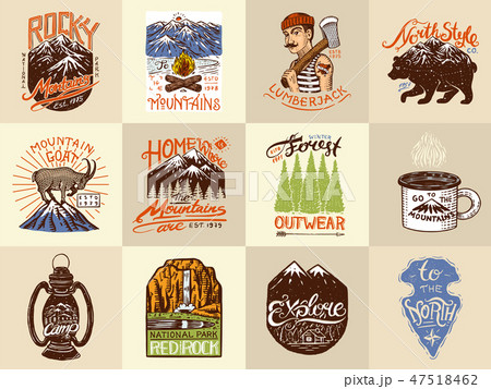 Camping logo and labels. Mountains and lumberjack, brown bear and goat, pine trees. Trip in the Camping logo and labels. Mountains and lumberjack, brown bear and goat, pine trees. Trip in the 47518462