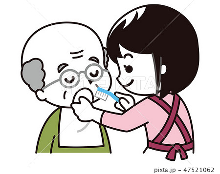 高齢男性に口腔ケアを行う女性介護士のイラスト素材