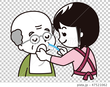 高齢男性に口腔ケアを行う女性介護士のイラスト素材