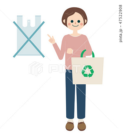 エコバッグを持つ女性とレジ袋のイラスト Say No To Plastic Bagsのイラスト素材