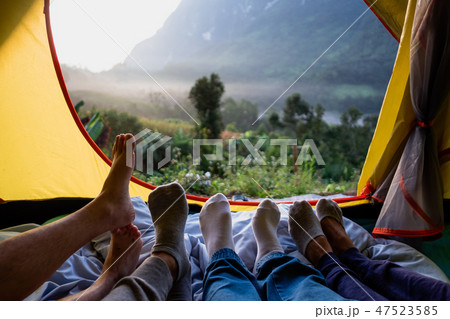 Close up foot of group of friends relax 47523585
