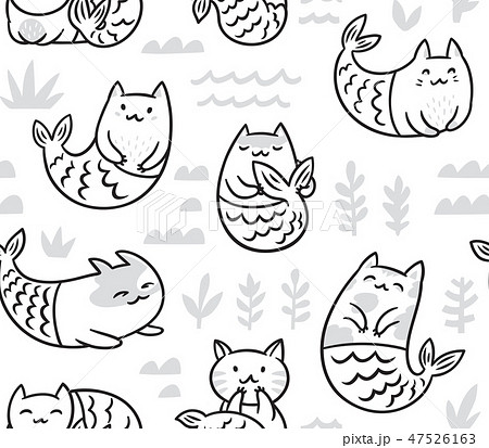 Ink seamless pattern with cute cats mermaids in the underwater world Ink seamless pattern with cute cats mermaids in the underwater world 47526163
