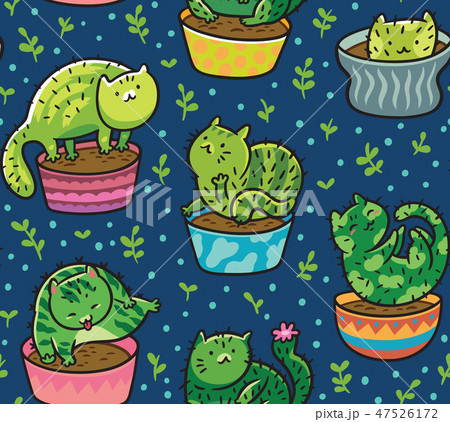 Vector seamless pattern with succulents and cactuses in the form of cats in pots. Vector 47526172