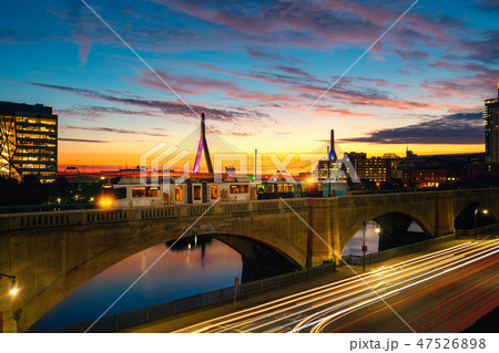 Train in Boston with Bridge and sunrise  47526898