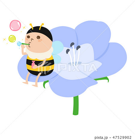 みつばちのキャラクター ミツバチが花びらの上でシャボン玉を作っているイラスト のイラスト素材