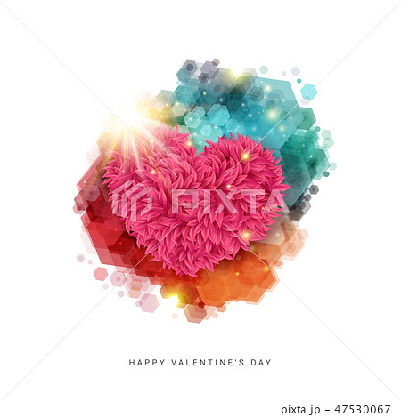 Happy Valentines day card. Decorative floral heart in bright rays of shining star. 47530067