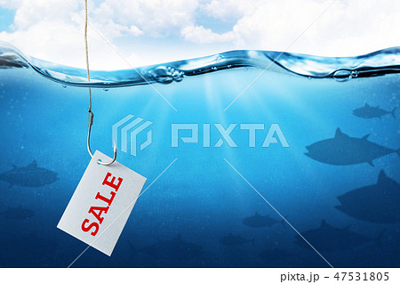 The inscription sale on the sheet as bait for buyers. Fishing hook with fish bait as symbol of 47531805