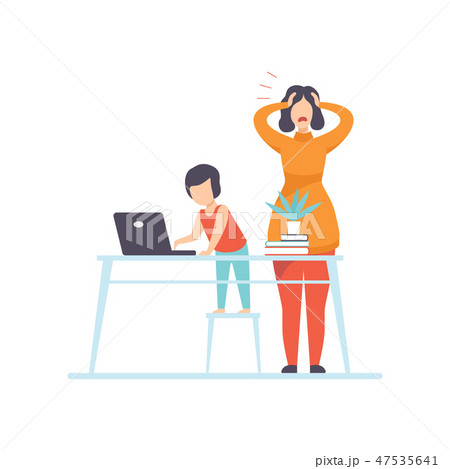 Nervous Young Mother Trying To Work At Home At のイラスト素材