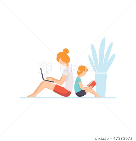 Young Mother Lying on Floor and Working on Laptop Computer, Her Son Sitting Next to Her and Reading 47535672