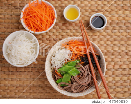 Soba noodle soup with nori and vegetables 47540850