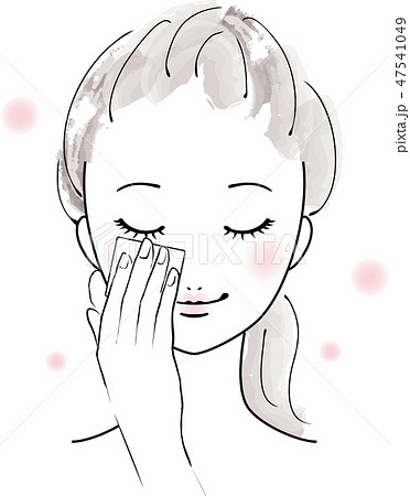 スキンケアする女性の顔 コットンを使い拭き取る パッティングのイラスト素材