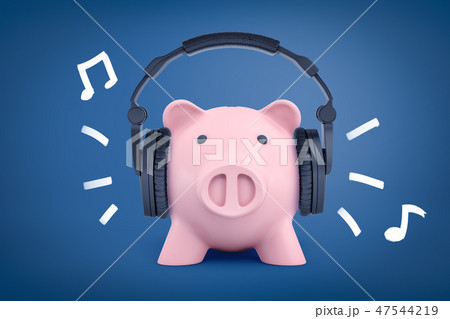3d rendering of a piggy bank wearing big headphones on a blue background. 47544219