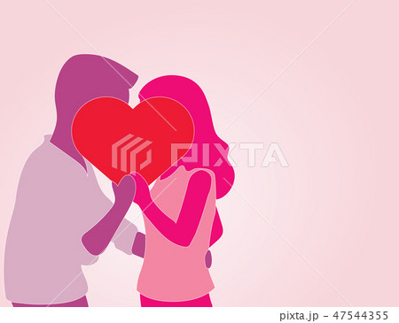 Silhouette Couple Lovers kissing behind heart sign Silhouette Couple Lovers kissing behind heart sign 47544355