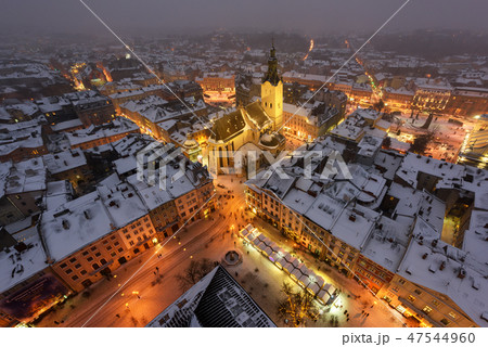 Picturesque evening view on Lviv city center from top of town hall 47544960