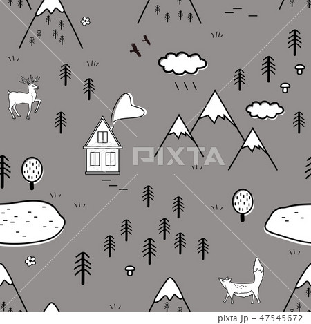 Cute scandinavian landscape with animals, trees, lake, and mountains, seamless pattern. Scandinavian 47545672