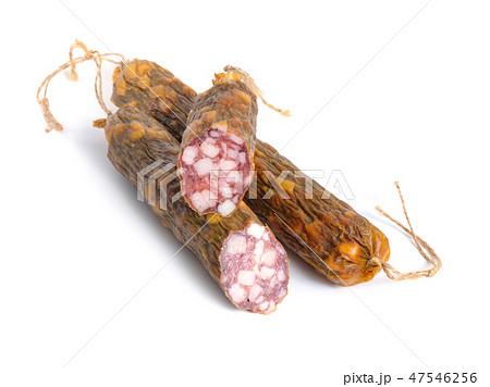 Homemade drying sausage. Isolated on white Homemade drying sausage. Isolated on white 47546256