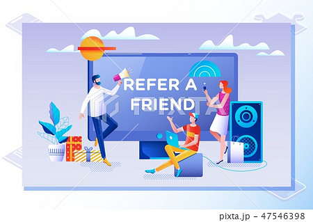 Refer a friend concept. Friend Sharing Referral Code. Vector illustration with character, landing Refer a friend concept. Friend Sharing Referral Code. Vector illustration with character, landing 47546398