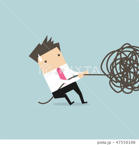 Businessman trying to unravel tangled rope. 47550106
