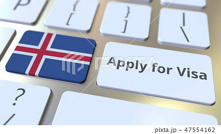 APPLY FOR VISA text and flag of Iceland on the buttons on the computer keyboard. Conceptual 3D 47554162