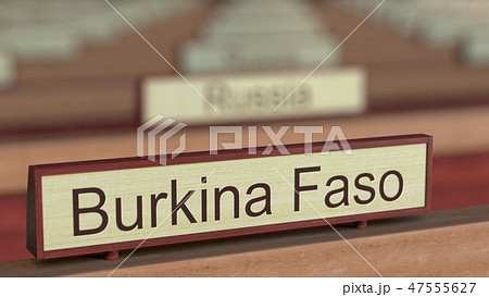Burkina Faso name sign among different countries plaques at international organization. 3D rendering Burkina Faso name sign among different countries plaques at international organization. 3D rendering 47555627