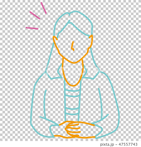 3色の線画　女性　座って手を握る 47557743