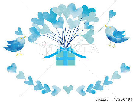 水彩風 ホワイトデーバルーンやプレゼント 青い鳥セットのイラスト素材