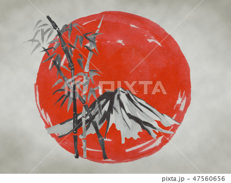 Japan traditional sumi-e painting. Fuji mountain, sakura, sunset. Japan sun. Indian ink illustration 47560656