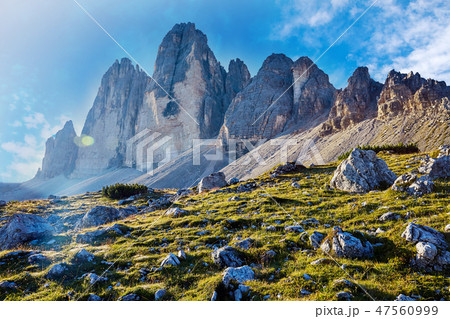 Tre Cime di Lavaredo peak at daylight Tre Cime di Lavaredo peak at daylight 47560999