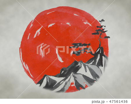 Japan traditional sumi-e painting. Fuji mountain, sakura, sunset. Japan sun. Indian ink illustration 47561436
