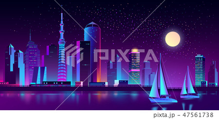 Vector neon megapolis on river with yachts Vector neon megapolis on river with yachts 47561738
