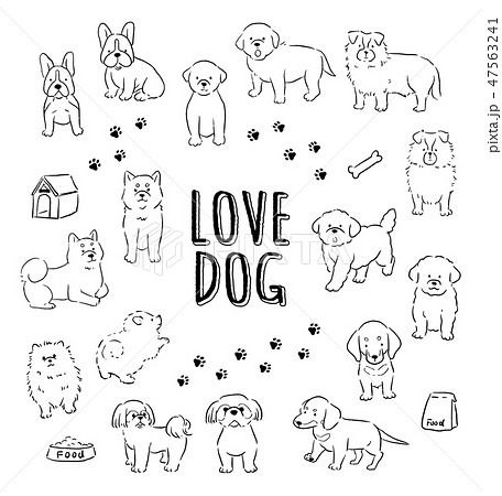 おしゃれでかわいい線画の手書き犬イラストセットのイラスト素材