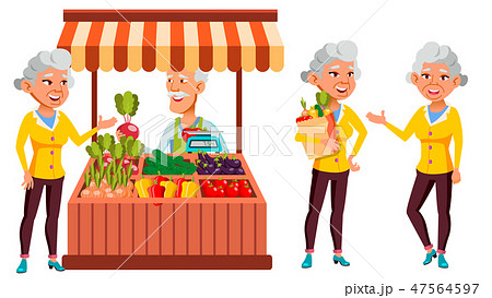 Asian Old Woman Poses Set Vector. Elderly People. Ecological Vegetables, Market. Senior Person. Aged 47564597