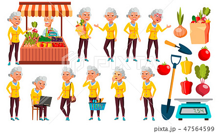 Asian Old Woman Poses Set Vector. Elderly People. Ecological Vegetables, Market. Senior Person. Aged 47564599