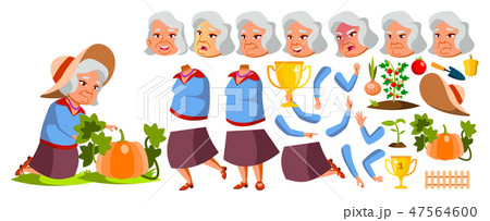 Asian Old Woman Vector. Senior Person Portrait. Elderly People. Aged. Animation Set. Vegetable 47564600