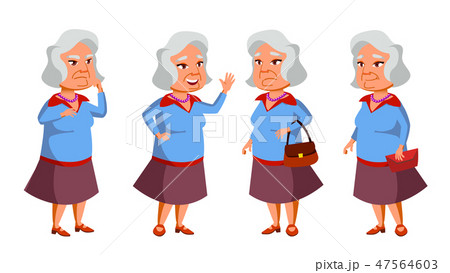 Asian Old Woman Poses Set Vector. Elderly People. Senior Person. Aged. Cheerful Grandparent 47564603