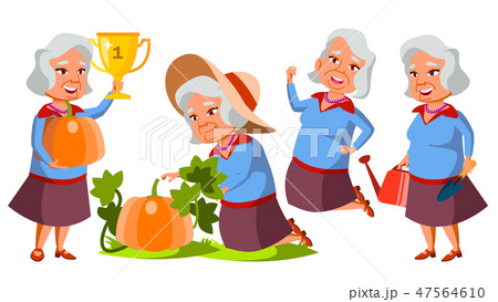 Asian Old Woman Poses Set Vector. Elderly People. Vegetable Garden. Senior Person. Aged. Caucasian 47564610