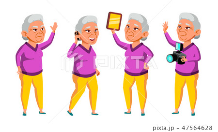 Asian Old Woman Poses Set Vector. Elderly People. Senior Person. Aged. Funny Pensioner. Leisure 47564628